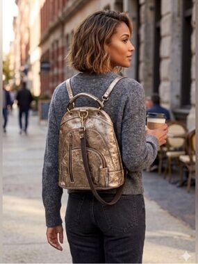 Patricia Nash Alencon backpack in a gold metallic finish Metallic Purse EUC RARE